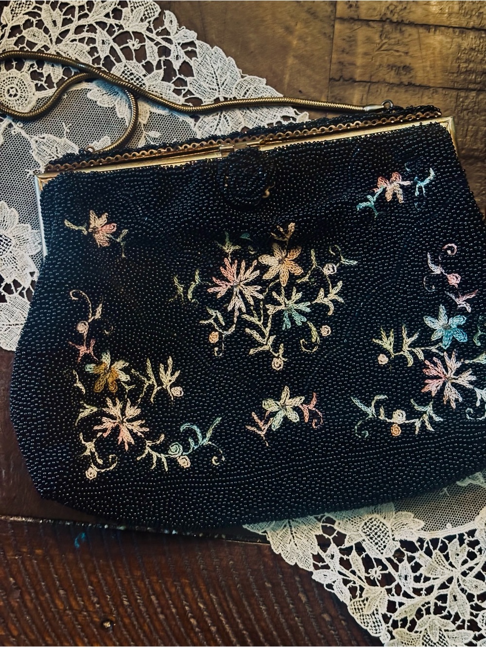 1950s CHUNN Paris Hand Made France Black Beaded Floral Evening Bag Vintage EUC